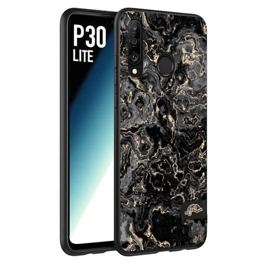 CUSTOMIZZA - Custodia cover nera morbida in tpu compatibile per Huawei P30 LITE effetto marmo marble nero black venature dorato pietra