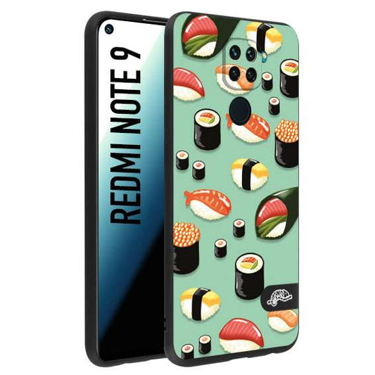 CUSTOMIZZA - Custodia cover nera morbida in tpu compatibile per Xiaomi Redmi Note 9 sushi disegni giapponese nighiri acquamarina verde