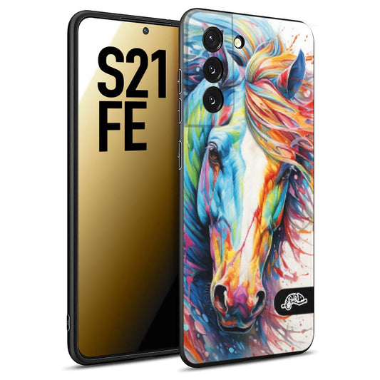 CUSTOMIZZA - Custodia cover nera morbida in tpu compatibile per Samsung S21 FE animali color cavallo horse viso colori vibranti disegnato schizzo