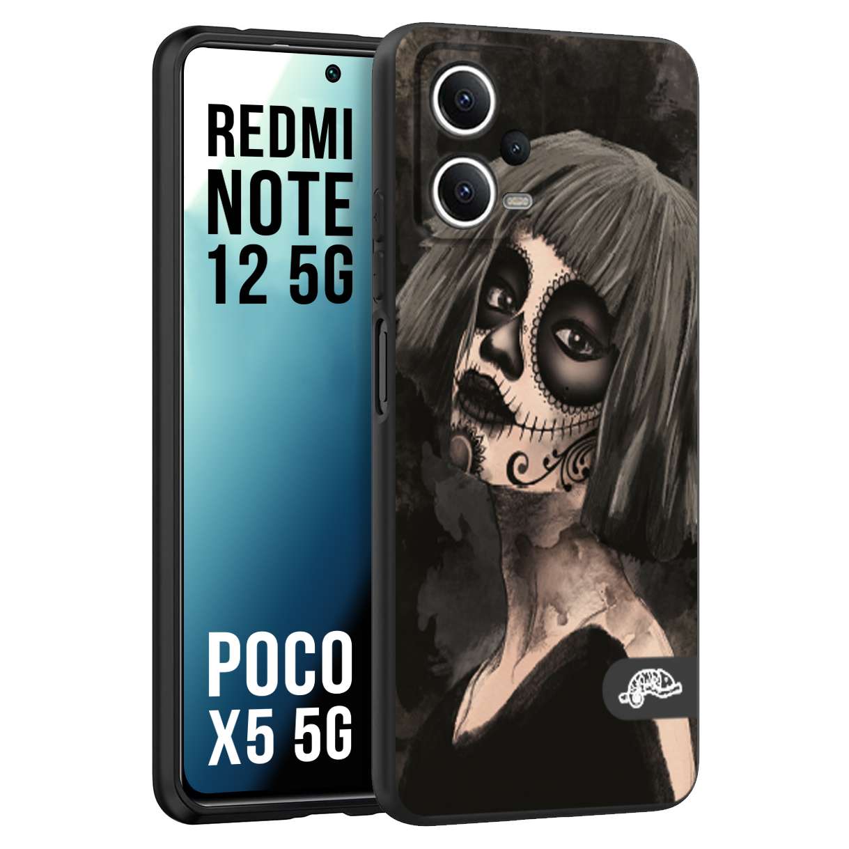 CUSTOMIZZA - Custodia cover nera morbida in tpu compatibile per Xiaomi Redmi Note 12 - POCO X5 5G chicana messicana dea de la muerte donna santa tattoo disegnata