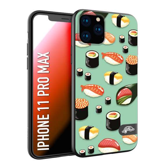 CUSTOMIZZA - Custodia cover nera morbida in tpu compatibile per iPhone 11 PRO MAX sushi disegni giapponese nighiri acquamarina verde