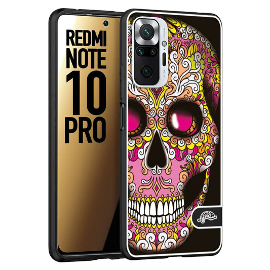 CUSTOMIZZA - Custodia cover nera morbida in tpu compatibile per Xiaomi Redmi Note 10 PRO teschio messicano Mexican skull rosa gialla