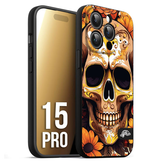 CUSTOMIZZA - Custodia cover nera morbida in tpu compatibile per iPhone 15 PRO teschio messicano colorato dorato fiori tattoo disegnato