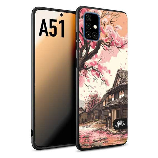 CUSTOMIZZA - Custodia cover nera morbida in tpu compatibile per Samsung A51 casa giapponese rosa ciliegio in fiore disegnata tattoo