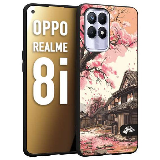 CUSTOMIZZA - Custodia cover nera morbida in tpu compatibile per Oppo Realme 8i casa giapponese rosa ciliegio in fiore disegnata tattoo