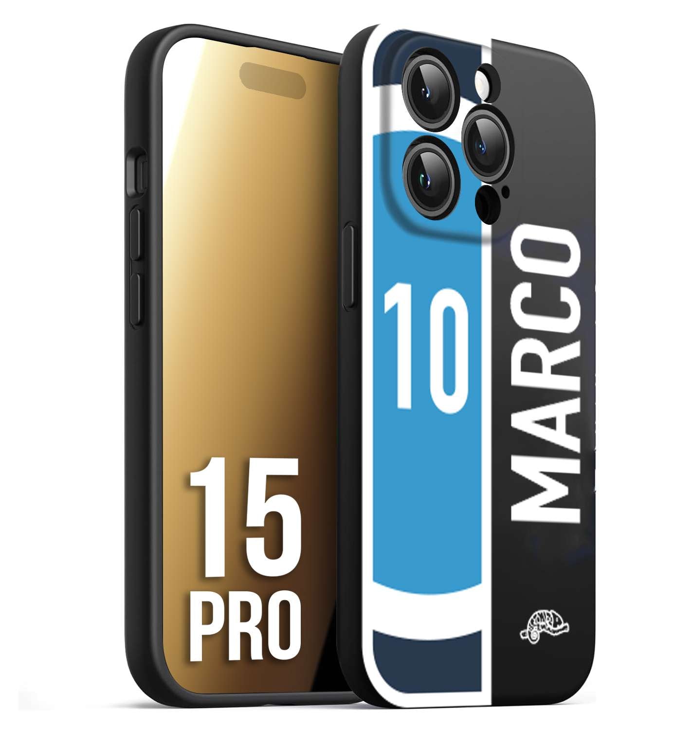 CUSTOMIZZA - Custodia cover nera morbida in tpu compatibile per iPhone 15 PRO personalizzata calcio football nome e numero calciatori biancoazzurri bianco celesti