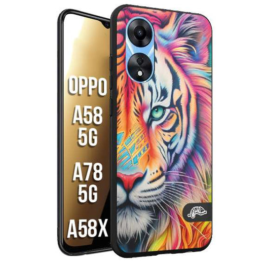 CUSTOMIZZA - Custodia cover nera morbida in tpu compatibile per Oppo A58 5G - A78 5G - A58X animali color tigre tiger viso colori vibranti disegnato schizzo