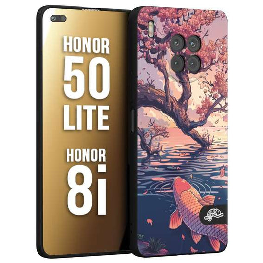 CUSTOMIZZA - Custodia cover nera morbida in tpu compatibile per Honor 8i - Honor 50 LITE giapponese lago carpa koi rosa con foglie d'acero disegnata tattoo