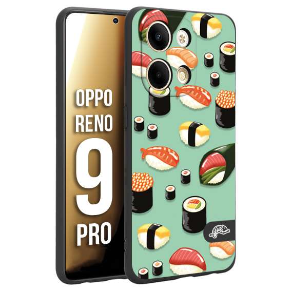 CUSTOMIZZA - Custodia cover nera morbida in tpu compatibile per Oppo Reno 9 PRO sushi disegni giapponese nighiri acquamarina verde