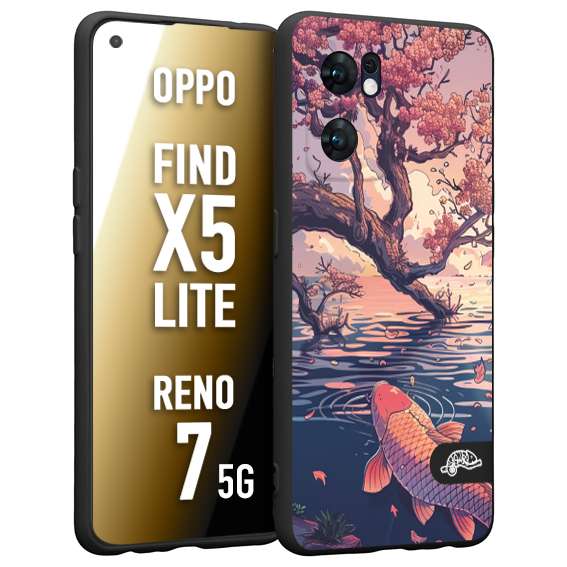 CUSTOMIZZA - Custodia cover nera morbida in tpu compatibile per Oppo Reno 7 - Find X5 LITE giapponese lago carpa koi rosa con foglie d'acero disegnata tattoo