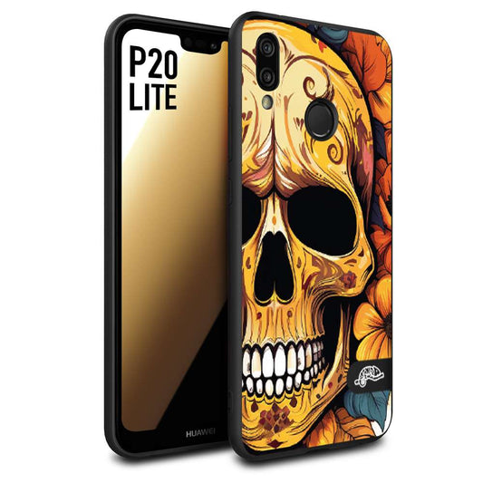 CUSTOMIZZA - Custodia cover nera morbida in tpu compatibile per Huawei P20 LITE teschio messicano colorato dorato fiori autunnali disegnato