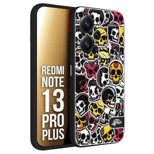 CUSTOMIZZA - Custodia cover nera morbida in tpu compatibile per Xiaomi Redmi Note 13 PRO PLUS sticker bomb teschi colorati adesivi skulls skater snowboard