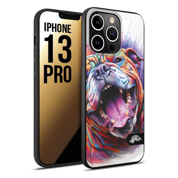 CUSTOMIZZA - Custodia cover nera morbida in tpu compatibile per iPhone 13 PRO animali color bulldog cane dog colori vibranti disegnato schizzo