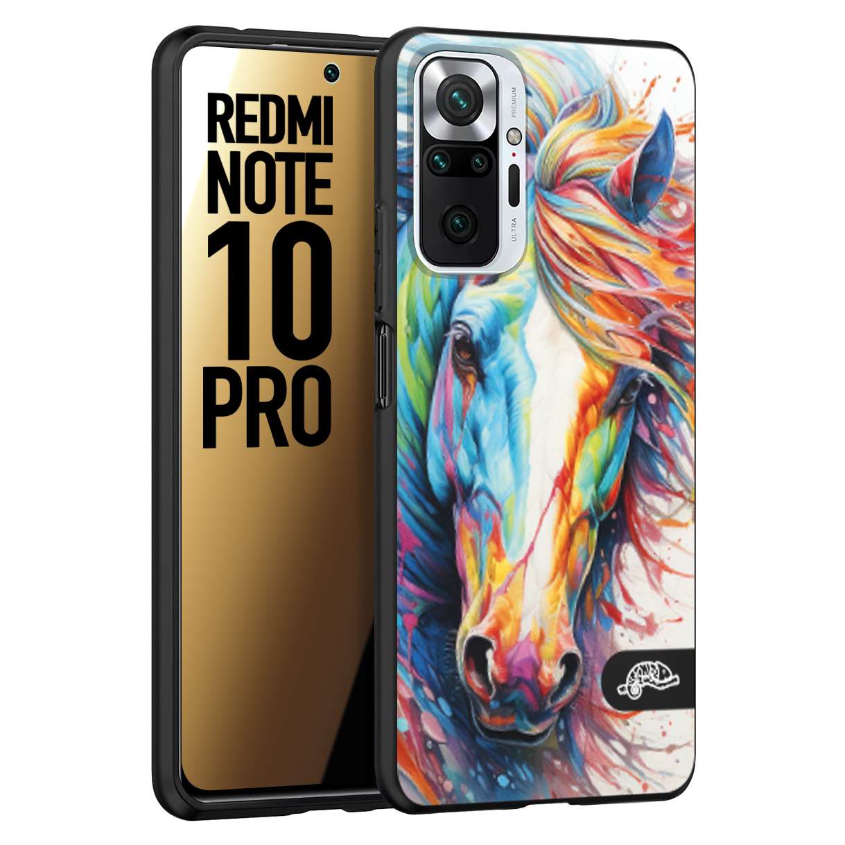 CUSTOMIZZA - Custodia cover nera morbida in tpu compatibile per Xiaomi Redmi Note 10 PRO animali color cavallo horse viso colori vibranti disegnato schizzo