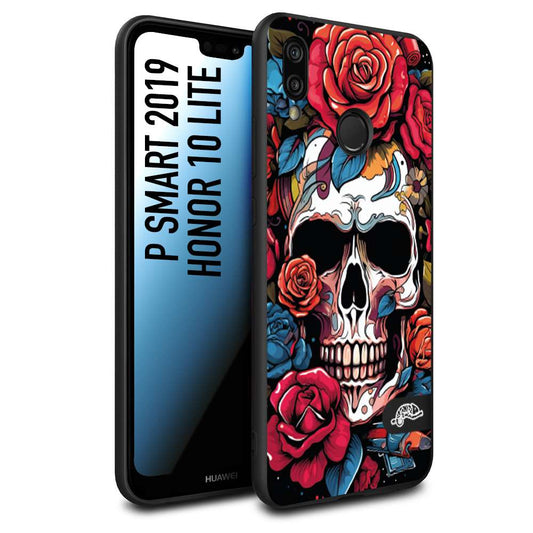 CUSTOMIZZA - Custodia cover nera morbida in tpu compatibile per Huawei P Smart 2019 teschio skull flowers fiori rose rosse tattoo disegnato