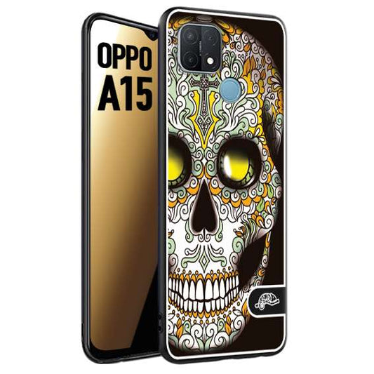 CUSTOMIZZA - Custodia cover nera morbida in tpu compatibile per Oppo A15 teschio messicano Mexican skull bianco verde giallo