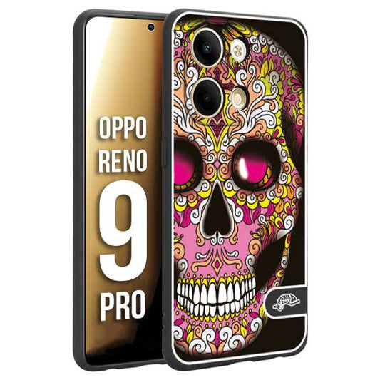 CUSTOMIZZA - Custodia cover nera morbida in tpu compatibile per Oppo Reno 9 PRO teschio messicano Mexican skull rosa gialla