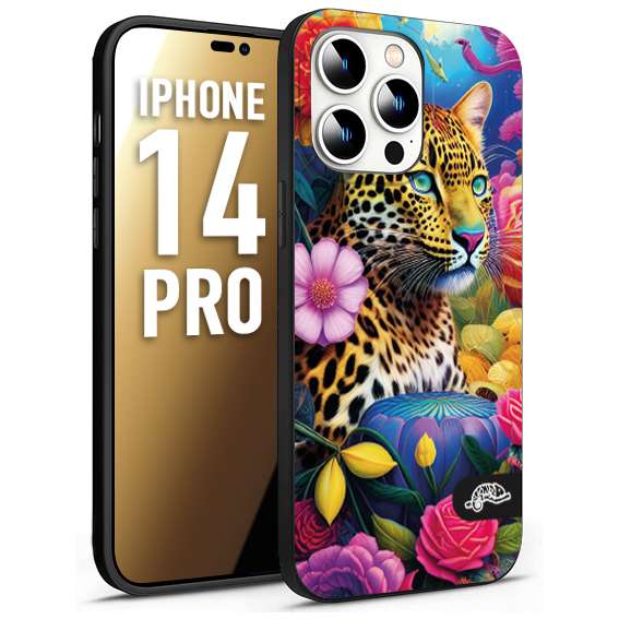 CUSTOMIZZA - Custodia cover nera morbida in tpu compatibile per iPhone 14 PRO fiori astratti donna flower fantasia leopardo ghepardo animali colorati