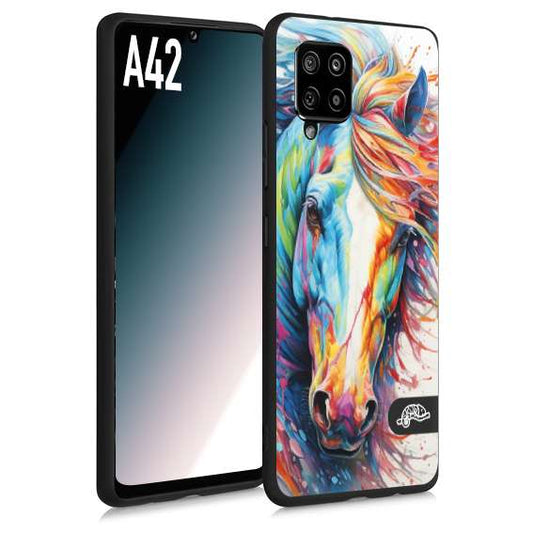 CUSTOMIZZA - Custodia cover nera morbida in tpu compatibile per Samsung A42 animali color cavallo horse viso colori vibranti disegnato schizzo