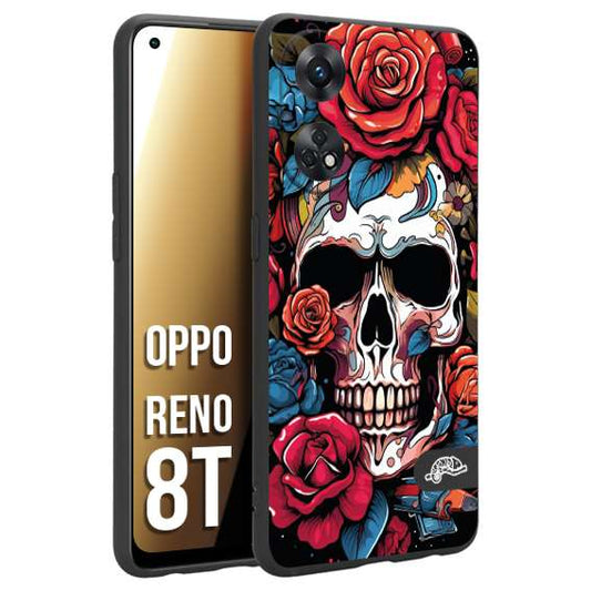 CUSTOMIZZA - Custodia cover nera morbida in tpu compatibile per Oppo Reno 8T teschio skull flowers fiori rose rosse tattoo disegnato