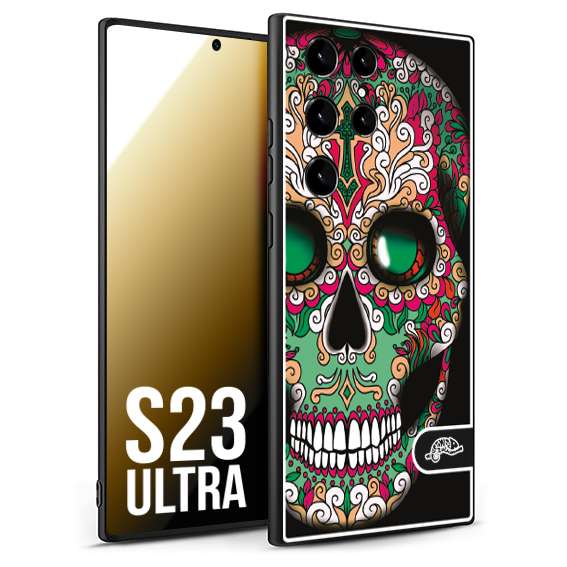 CUSTOMIZZA - Custodia cover nera morbida in tpu compatibile per Samsung S23 ULTRA teschio messicano Mexican skull verde fucsia