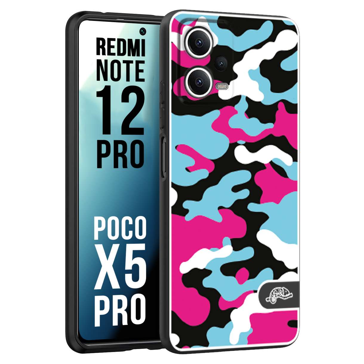 CUSTOMIZZA - Custodia cover nera morbida in tpu compatibile per Xiaomi Redmi Note 12 PRO - POCO X5 PRO camouflage mimetico militare fucsia celeste