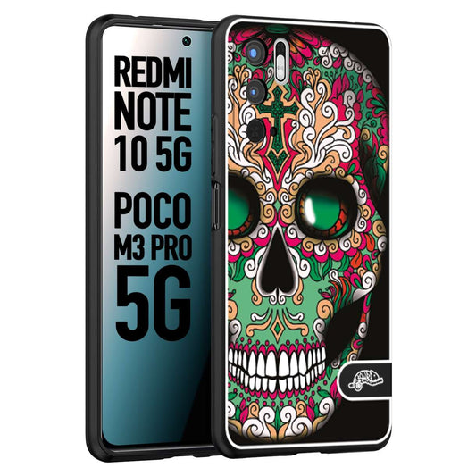 CUSTOMIZZA - Custodia cover nera morbida in tpu compatibile per Xiaomi Redmi Note 10 5G - Poco M3 Pro 5G teschio messicano Mexican skull verde fucsia