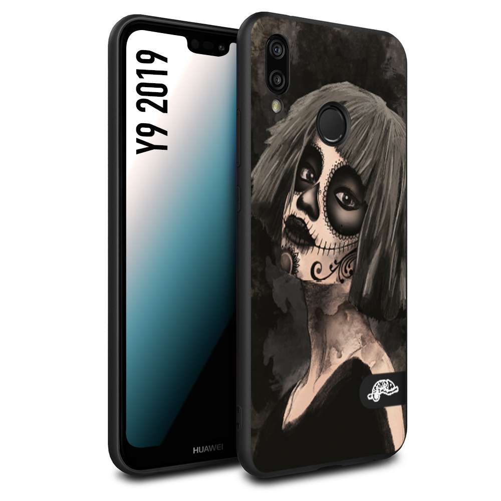 CUSTOMIZZA - Custodia cover nera morbida in tpu compatibile per Huawei Y9 2019 chicana messicana dea de la muerte donna santa tattoo disegnata