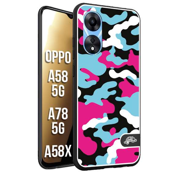 CUSTOMIZZA - Custodia cover nera morbida in tpu compatibile per Oppo A58 5G - A78 5G - A58X camouflage mimetico militare fucsia celeste