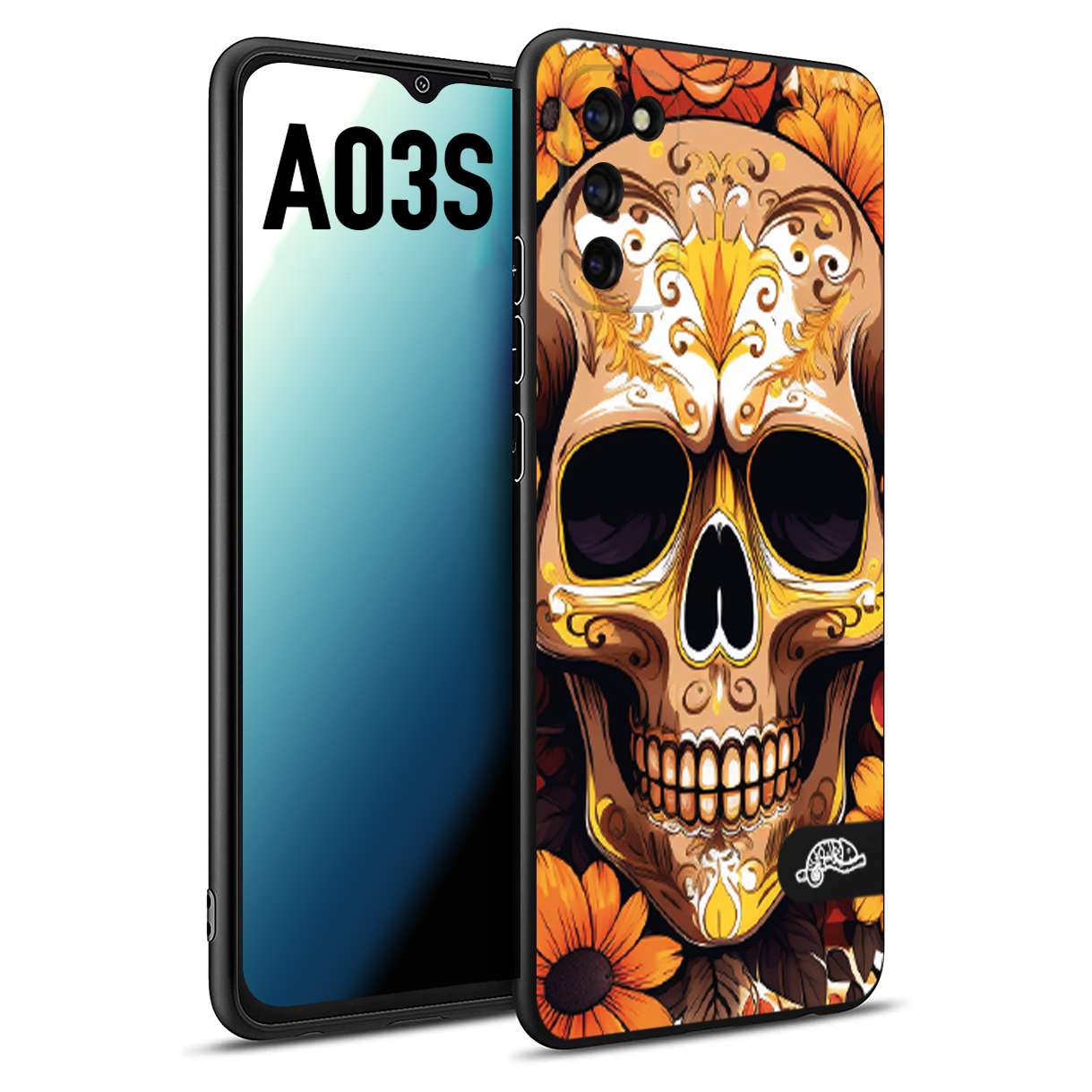 CUSTOMIZZA - Custodia cover nera morbida in tpu compatibile per Samsung A03S teschio messicano colorato dorato fiori tattoo disegnato