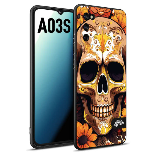 CUSTOMIZZA - Custodia cover nera morbida in tpu compatibile per Samsung A03S teschio messicano colorato dorato fiori tattoo disegnato