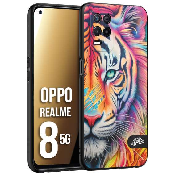 CUSTOMIZZA - Custodia cover nera morbida in tpu compatibile per Oppo Realme 8 5G animali color tigre tiger viso colori vibranti disegnato schizzo