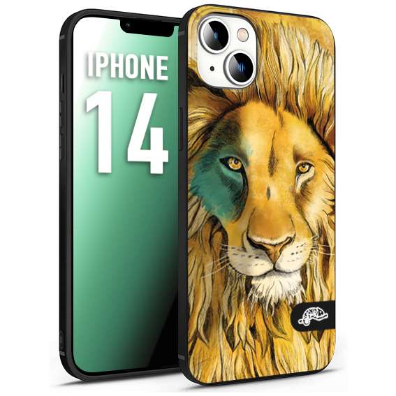 CUSTOMIZZA - Custodia cover nera morbida in tpu compatibile per iPhone 14 leone lion disegnato a mano giallo blu a rilievo artistico brown