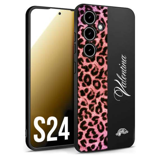 CUSTOMIZZA - Custodia cover nera morbida in tpu compatibile per Samsung S24 leopardato rosa fucsia personalizzata nome iniziali