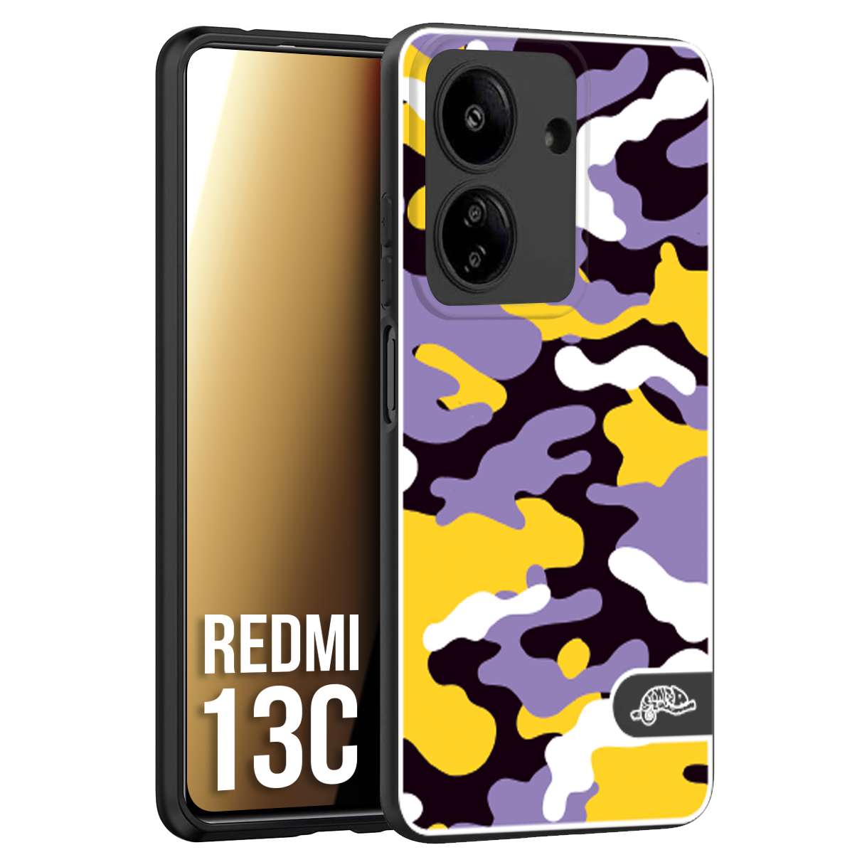 CUSTOMIZZA - Custodia cover nera morbida in tpu compatibile per Xiaomi Redmi 13C camouflage mimetico militare viola lilla giallo