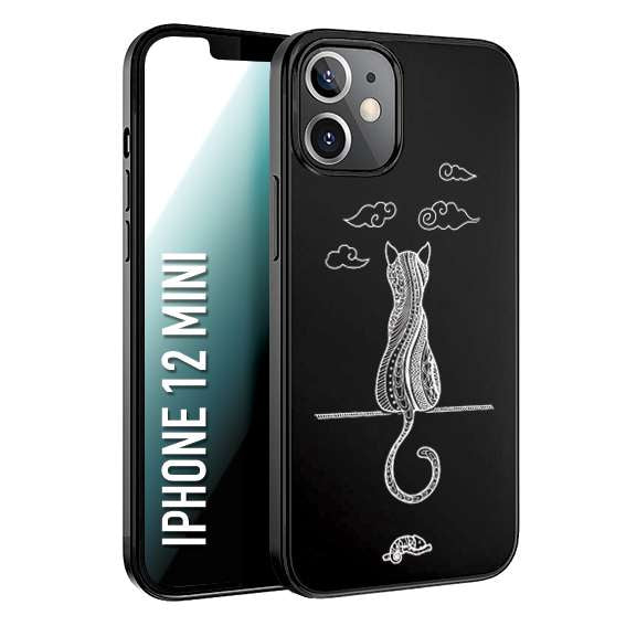 CUSTOMIZZA - Custodia cover nera morbida in tpu compatibile per iPhone 12 MINI gatto mandala stilizzato gattino a rilievo soft touch donna bianca