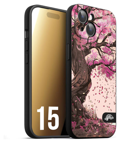 CUSTOMIZZA - Custodia cover nera morbida in tpu compatibile per iPhone 15 giapponese colori morbidi fiori di ciliegio rosa disegnata