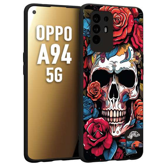 CUSTOMIZZA - Custodia cover nera morbida in tpu compatibile per Oppo A94 5G teschio skull flowers fiori rose rosse tattoo disegnato