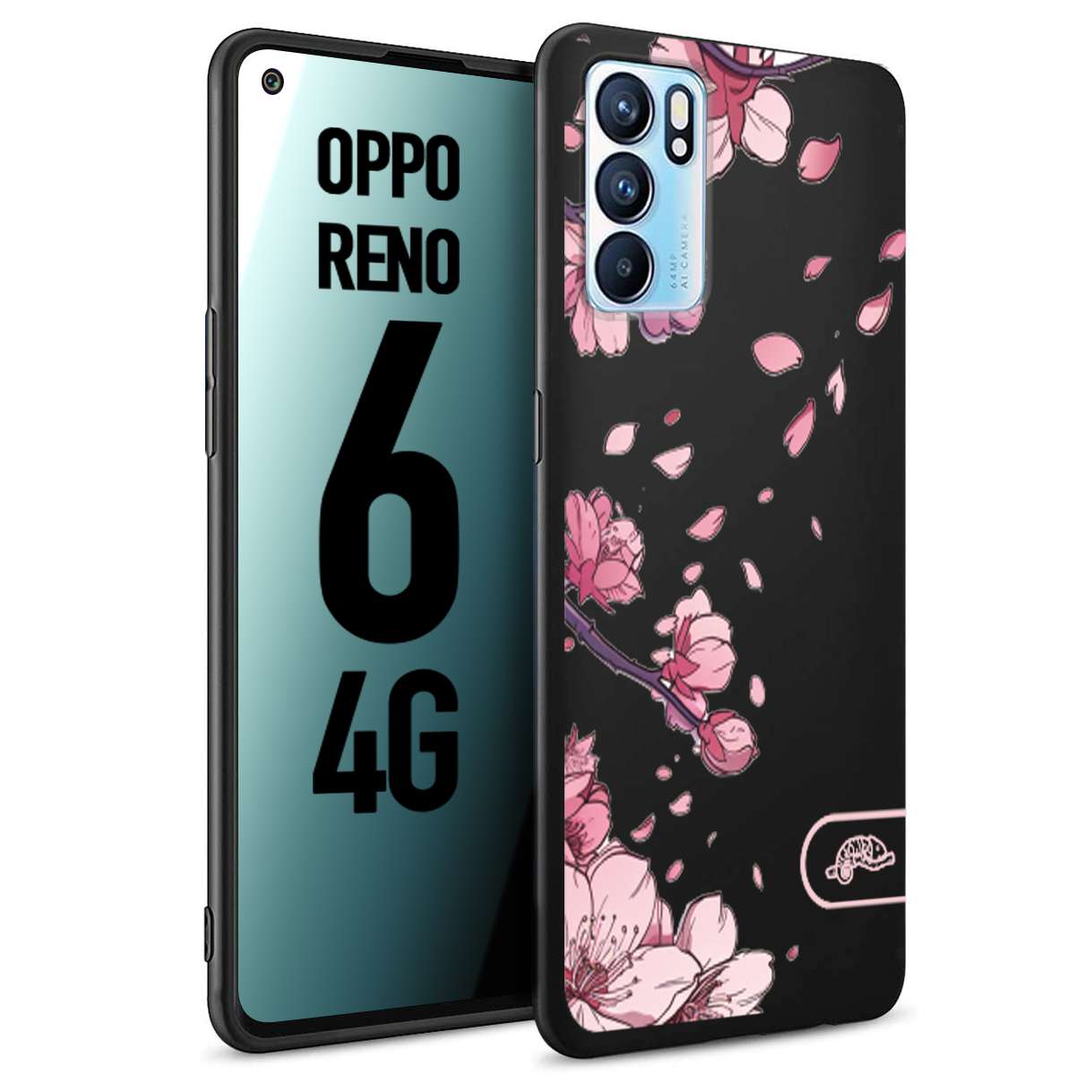 CUSTOMIZZA - Custodia cover nera morbida in tpu compatibile per Oppo Reno 6 4G giapponese fiori di ciliegio in fiore a rilievo disegnata tattoo