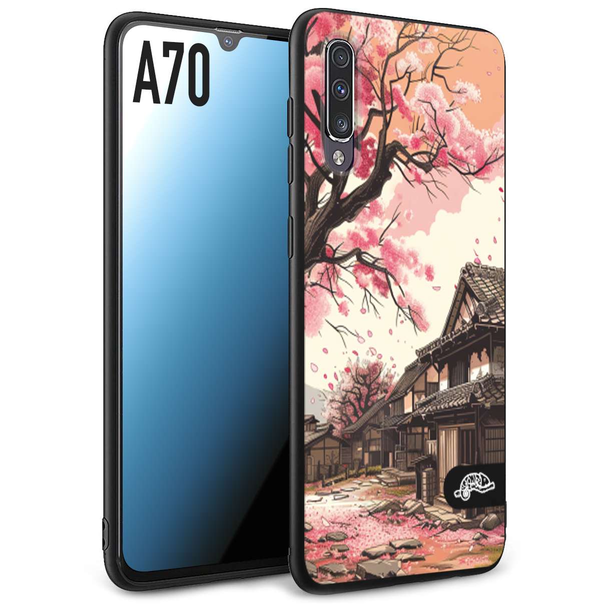 CUSTOMIZZA - Custodia cover nera morbida in tpu compatibile per Samsung A70 casa giapponese rosa ciliegio in fiore disegnata tattoo