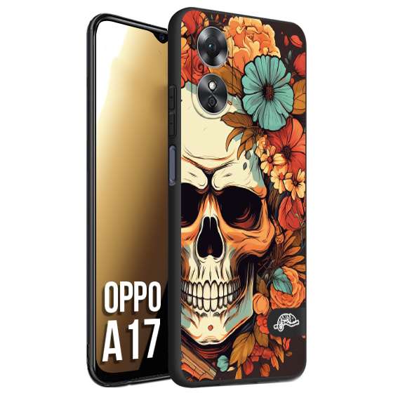 CUSTOMIZZA - Custodia cover nera morbida in tpu compatibile per Oppo A17 teschio skull flowers fiori autunnali arancio celeste tattoo