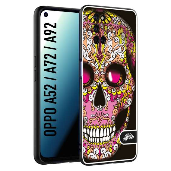 CUSTOMIZZA - Custodia cover nera morbida in tpu compatibile per Oppo A52 - A72 - A92 teschio messicano Mexican skull rosa gialla