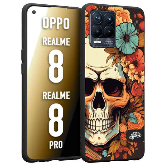 CUSTOMIZZA - Custodia cover nera morbida in tpu compatibile per Oppo Realme 8 - 8 PRO teschio skull flowers fiori autunnali arancio celeste tattoo