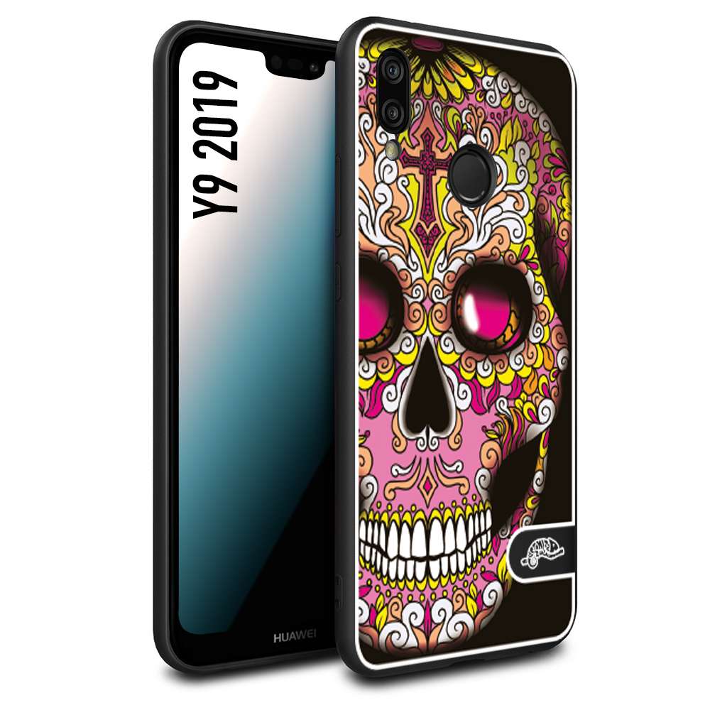 CUSTOMIZZA - Custodia cover nera morbida in tpu compatibile per Huawei Y9 2019 teschio messicano Mexican skull rosa gialla