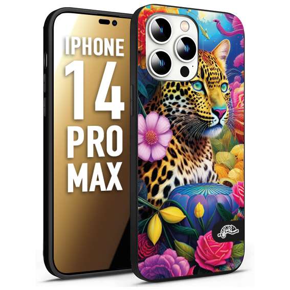 CUSTOMIZZA - Custodia cover nera morbida in tpu compatibile per iPhone 14 PRO MAX fiori astratti donna flower fantasia leopardo ghepardo animali colorati