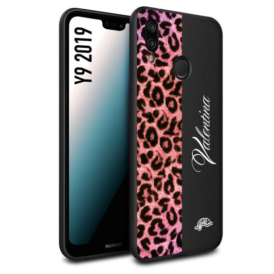 CUSTOMIZZA - Custodia cover nera morbida in tpu compatibile per Huawei Y9 2019 leopardato rosa fucsia personalizzata nome iniziali