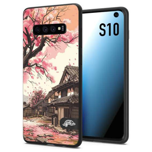 CUSTOMIZZA - Custodia cover nera morbida in tpu compatibile per Samsung S10 casa giapponese rosa ciliegio in fiore disegnata tattoo