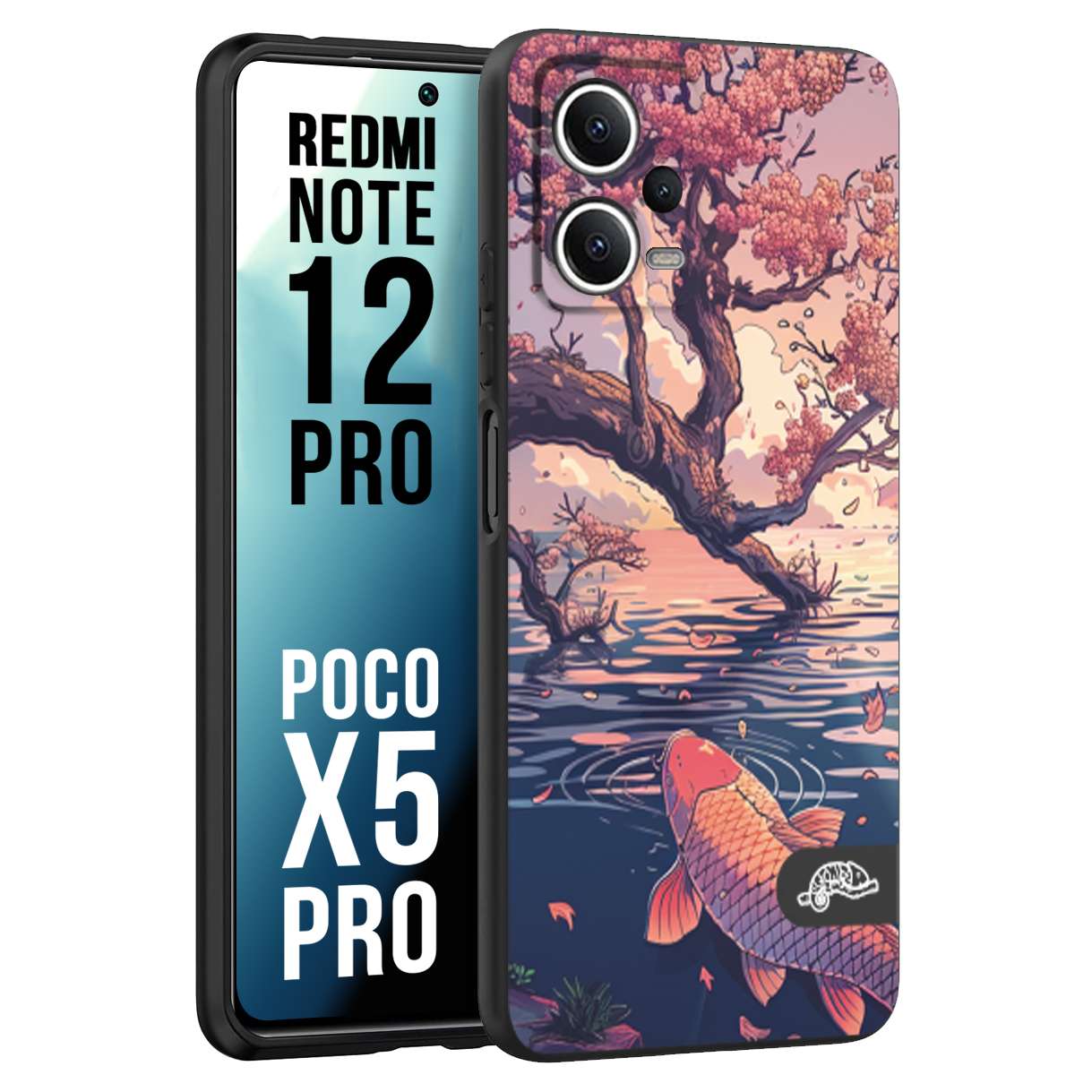 CUSTOMIZZA - Custodia cover nera morbida in tpu compatibile per Xiaomi Redmi Note 12 PRO - POCO X5 PRO giapponese lago carpa koi rosa con foglie d'acero disegnata tattoo