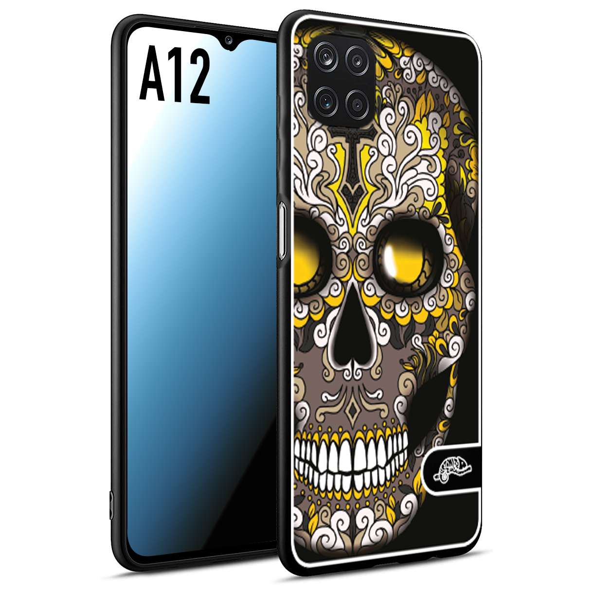 CUSTOMIZZA - Custodia cover nera morbida in tpu compatibile per Samsung A12 teschio messicano Mexican skull nero giallo