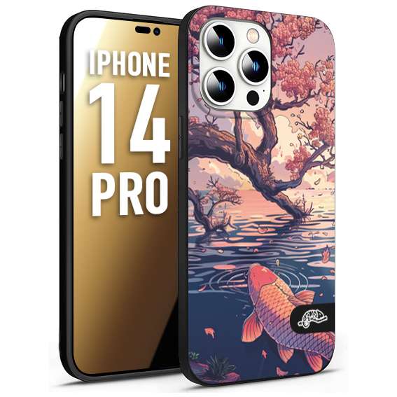 CUSTOMIZZA - Custodia cover nera morbida in tpu compatibile per iPhone 14 PRO giapponese lago carpa koi rosa con foglie d'acero disegnata tattoo